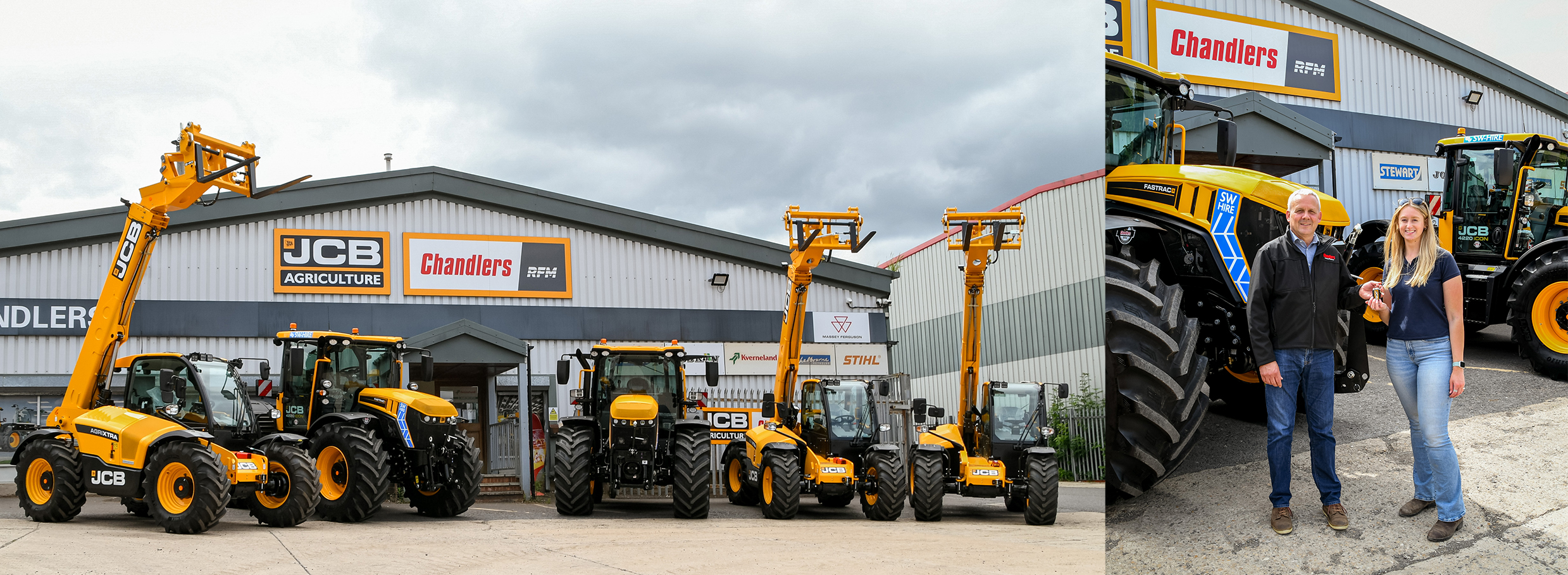 two JCB telehandlers and two JCB fastracs outside Chandlers cirencester depot